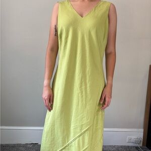 Vintage Fairy Green Linen‎ V Neck Whimsical Embroidered Maxi Boho Dress Medium